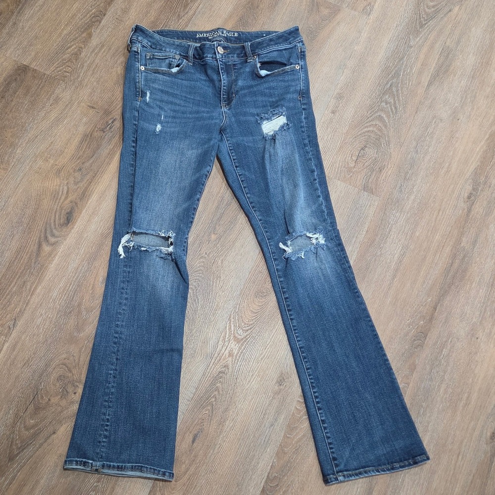 American Eagle Skinny Kick Distressed Flare Jeans Blue Stretch X Size 14 Long